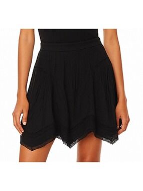 Aritzia Wilfred Belle Mini Skirt Black Crinkle Modal Asymmetrical Lace Hem